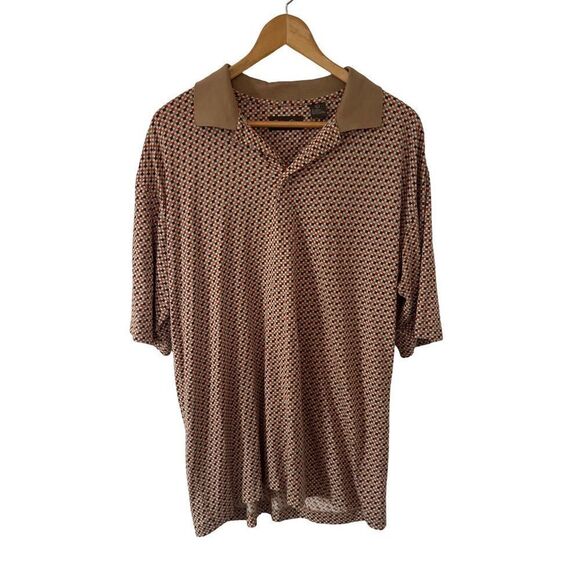 Bobby Chan Tan Orange Geometric Pattern Silk Cotton Blend Golf Polo Shirt - Picture 1 of 7